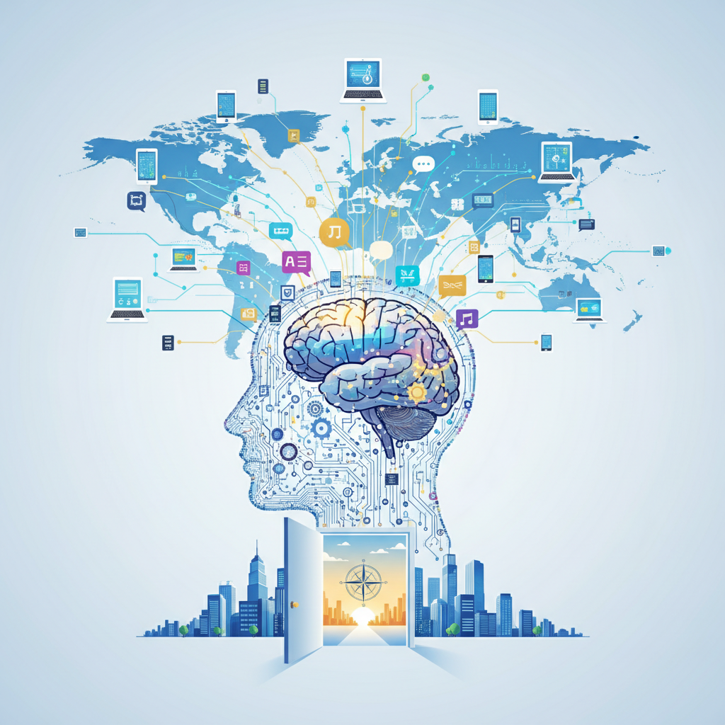 Un profesional sonriendo mientras trabaja en su ordenador portátil en una oficina moderna y luminosa.