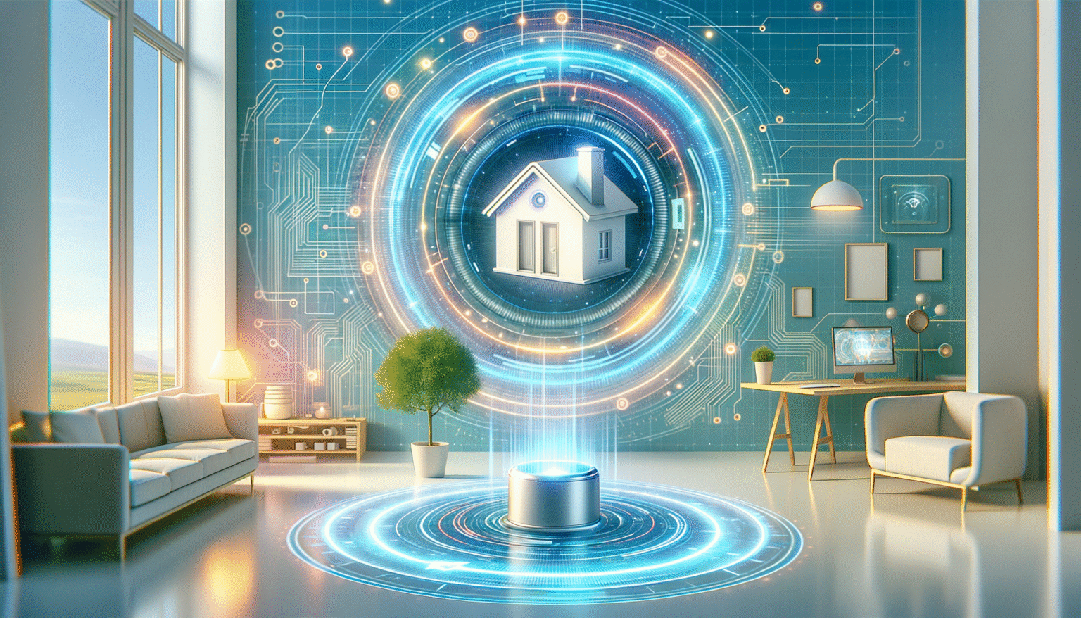 Una moderna sala de estar con grandes ventanas y una pared decorada con un patrón de circuito electrónico iluminado, que presenta un modelo 3D de una casa blanca dentro de un halo de energía central. En el suelo, un dispositivo emite luz hacia la casa. La habitación contiene mobiliario como un sofá, un escritorio con ordenador y plantas.