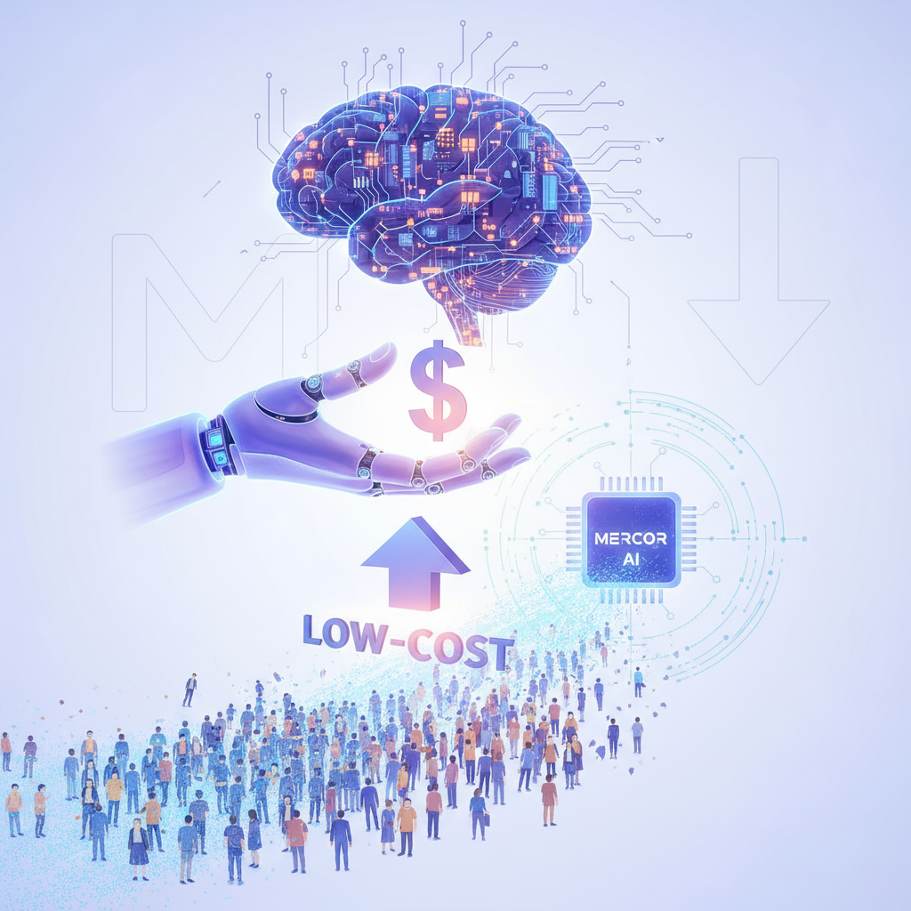 Ilustración de la inteligencia artificial de Mercor AI, presentando un cerebro con circuitos, una mano robótica sosteniendo un símbolo de dólar, un chip "MERCOR AI" y una flecha ascendente con el texto "LOW-COST" sobre una multitud de personas.} {