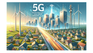 Imagen conceptual que representa la transformación digital 5G, fusionando un paisaje rural con turbinas eólicas, campos y casas, con un entorno urbano de rascacielos y una torre de comunicación. Una carretera con estelas de luz conecta ambos mundos. En la parte superior, se lee "5G" con el símbolo de Wi-Fi y un texto acerca de la transformación de la realidad rural con velocidades comparables a la ciudad.