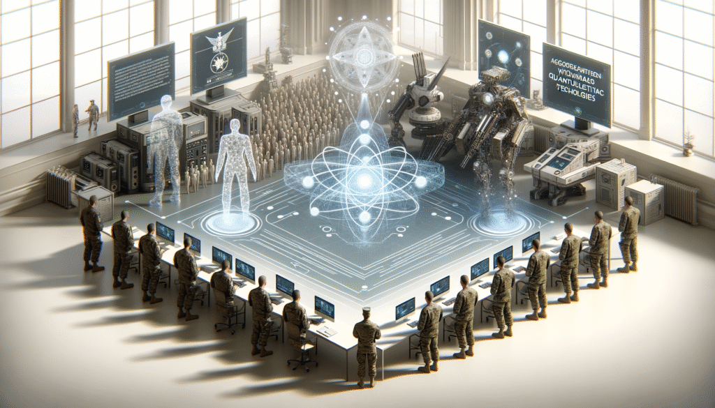 Sala de control futurista con personal militar trabajando en computadoras alrededor de una mesa central que proyecta una estructura atómica brillante. La escena incluye pantallas de datos, figuras humanas holográficas, robots avanzados y equipos tecnológicos.