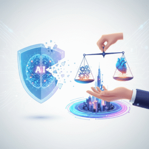 Una mujer sostiene un teléfono móvil con un fondo de pantalla que muestra un paisaje urbano moderno con un rascacielos alto y un cielo nublado.