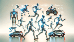 Representación de robots futuristas en diversas formas y actividades, incluyendo humanoides corriendo y caminando, un robot canino, un robot conduciendo un vehículo y otros más pequeños. Se muestran dos coches SUV modernos en primer plano, con un fondo de gráficos tecnológicos y diagramas de IA.