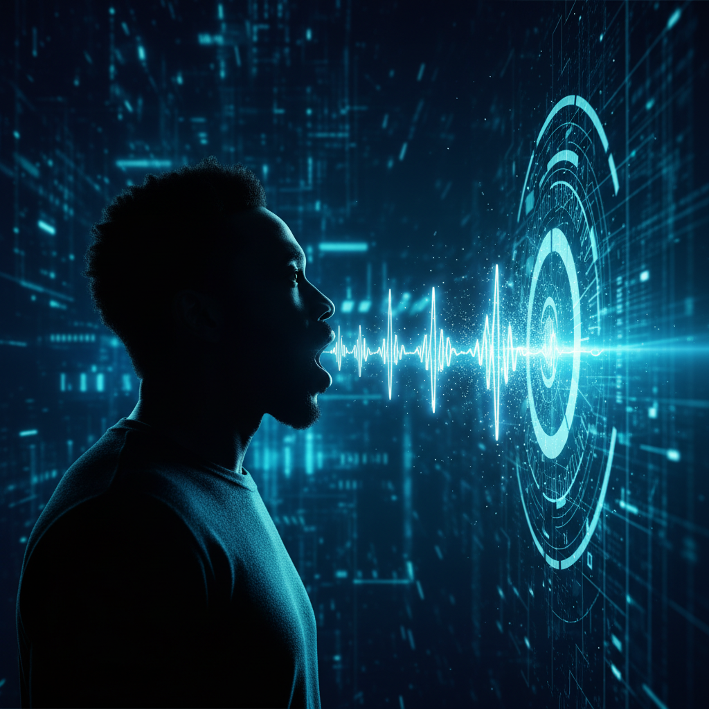 Silueta de un hombre con la boca abierta, de la que emerge una onda de sonido digital azul brillante hacia una interfaz tecnológica circular en un fondo oscuro con líneas de datos.