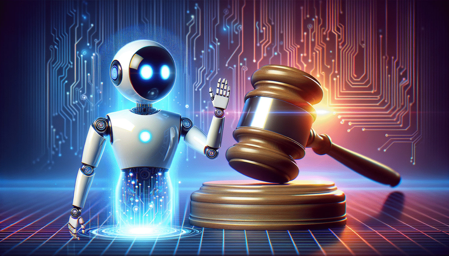 Un robot blanco con ojos azules brillantes y una mano derecha levantada se encuentra frente a un mazo de juez de madera. El fondo digital muestra circuitos luminosos que transicionan de azul a naranja sobre un suelo cuadriculado.