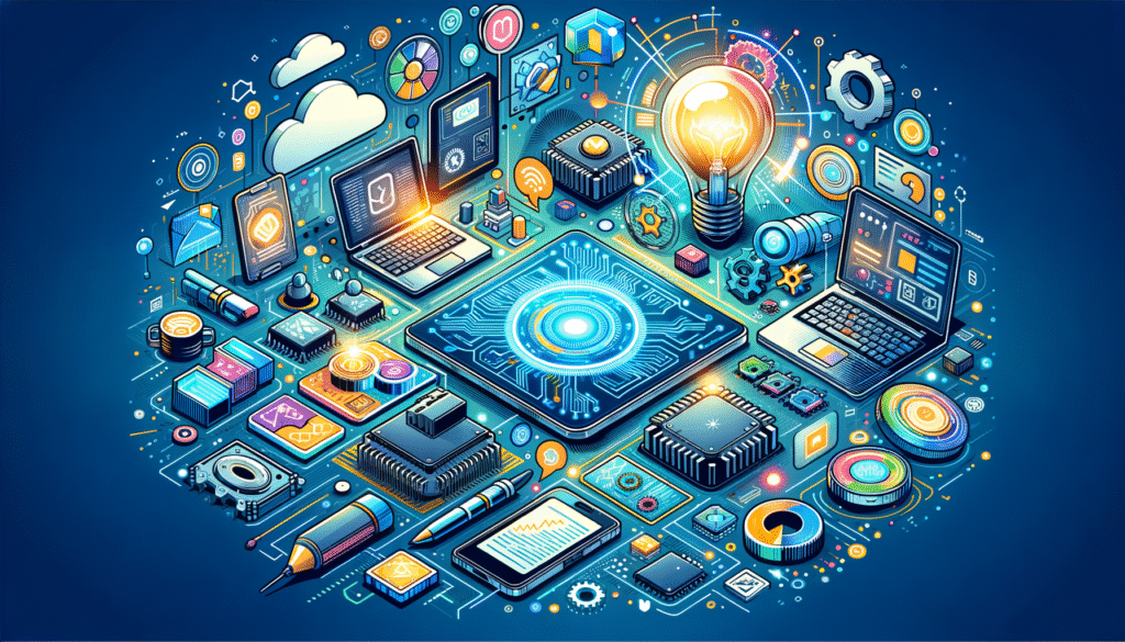 Ilustración isométrica de un ecosistema tecnológico interconectado, mostrando un chip central brillante, laptops, smartphones, iconos de nube, microchips, una bombilla encendida, engranajes y gráficos de datos, todo sobre un fondo azul oscuro. Representa conceptos de desarrollo tecnológico, procesamiento de datos e innovación digital.