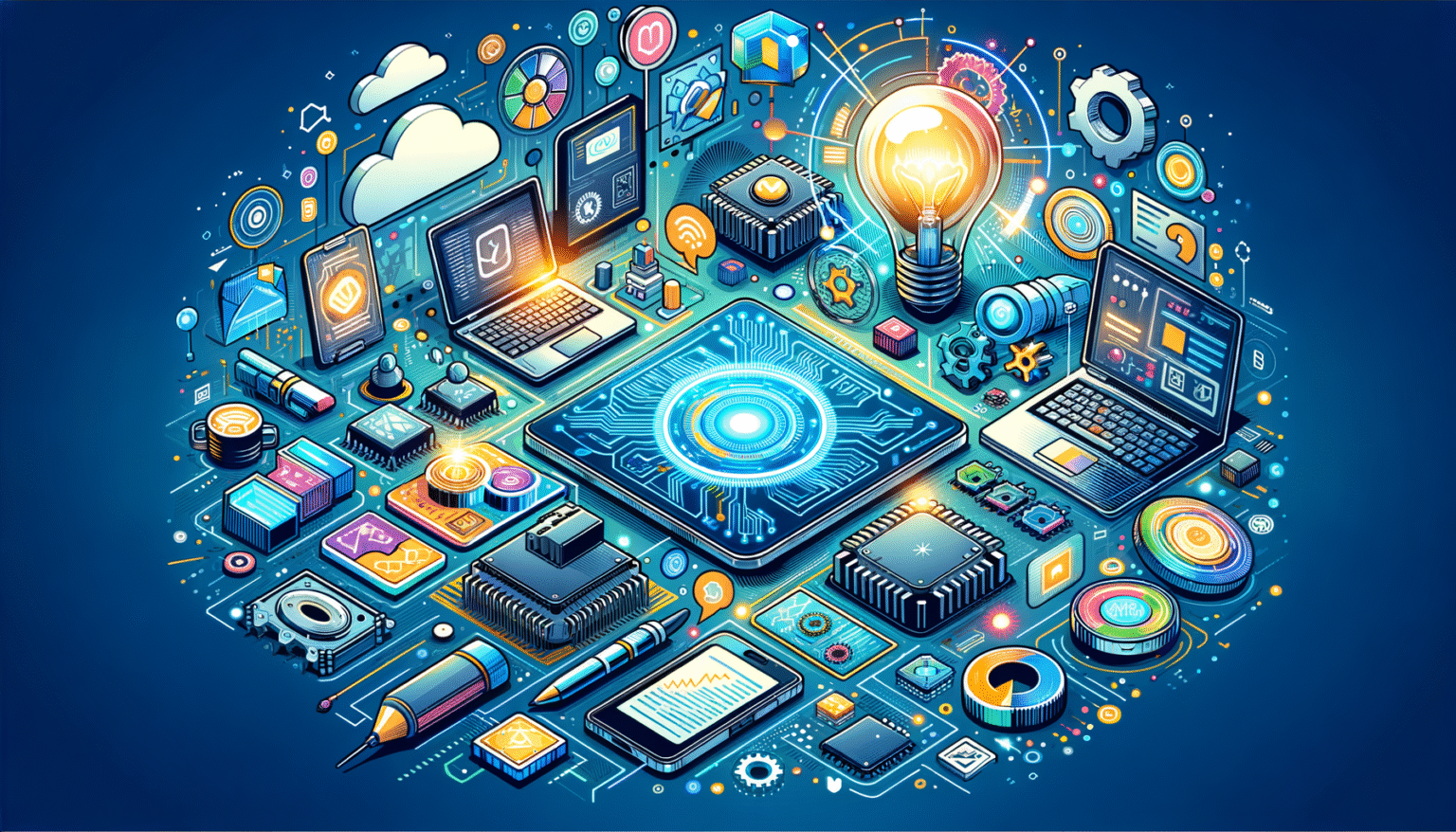 Ilustración isométrica de un ecosistema tecnológico interconectado, mostrando un chip central brillante, laptops, smartphones, iconos de nube, microchips, una bombilla encendida, engranajes y gráficos de datos, todo sobre un fondo azul oscuro. Representa conceptos de desarrollo tecnológico, procesamiento de datos e innovación digital.