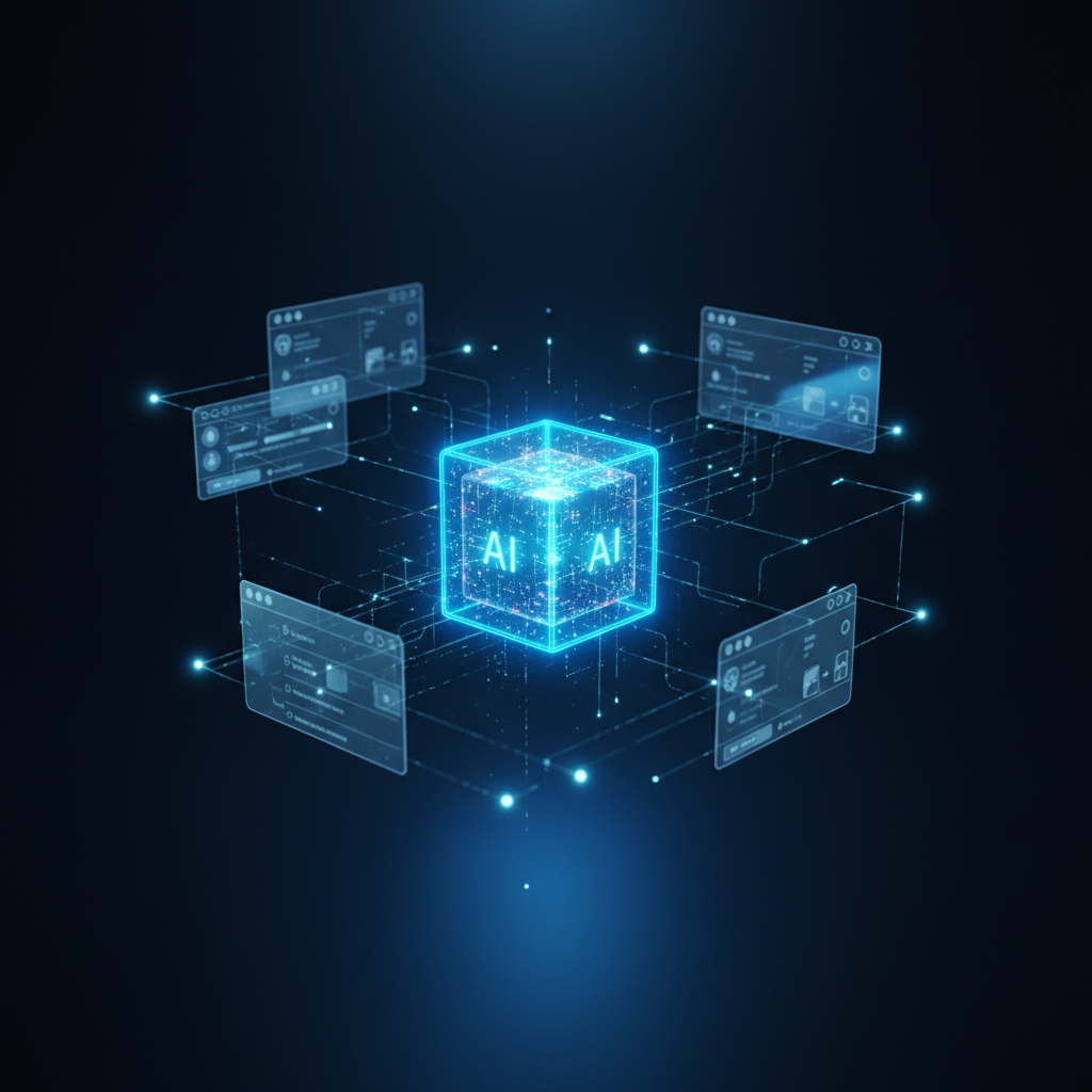 Grupo de jóvenes profesionales diversos colaborando alrededor de un portátil en una oficina moderna.