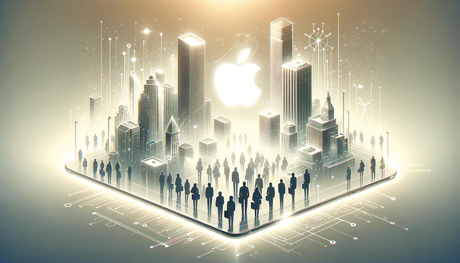 Una ciudad digital futurista con rascacielos iluminados y un prominente logo brillante de Apple, sobre una plataforma tecnológica con siluetas de personas y líneas de conectividad.