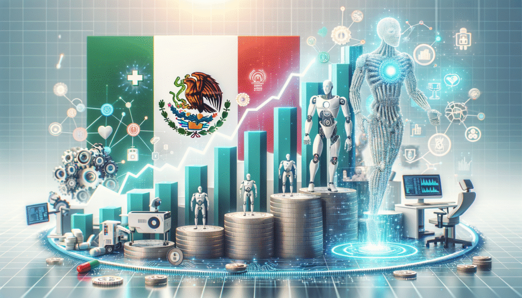 Representación del crecimiento económico y la innovación tecnológica en México con la bandera mexicana de fondo, gráficos ascendentes, múltiples robots, un humanoide digital brillante, pilas de monedas y una plataforma de circuitos. La escena incluye iconos que simbolizan diversas industrias como salud, finanzas e inteligencia artificial.