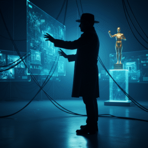 Un escritorio moderno y minimalista con un portátil, una pequeña planta verde, una taza de café y un ratón inalámbrico sobre una superficie de madera clara.