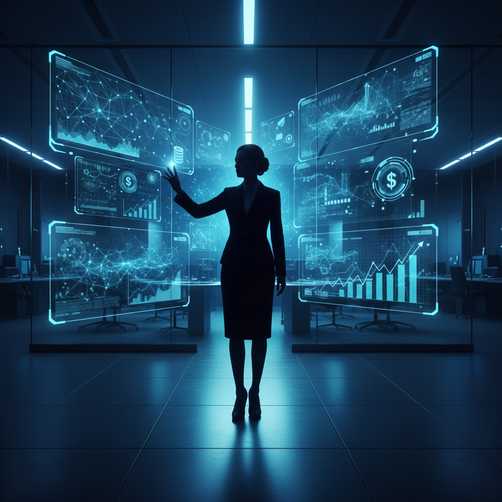 Persona trabajando en un portátil con gráficos en pantalla en una oficina moderna.