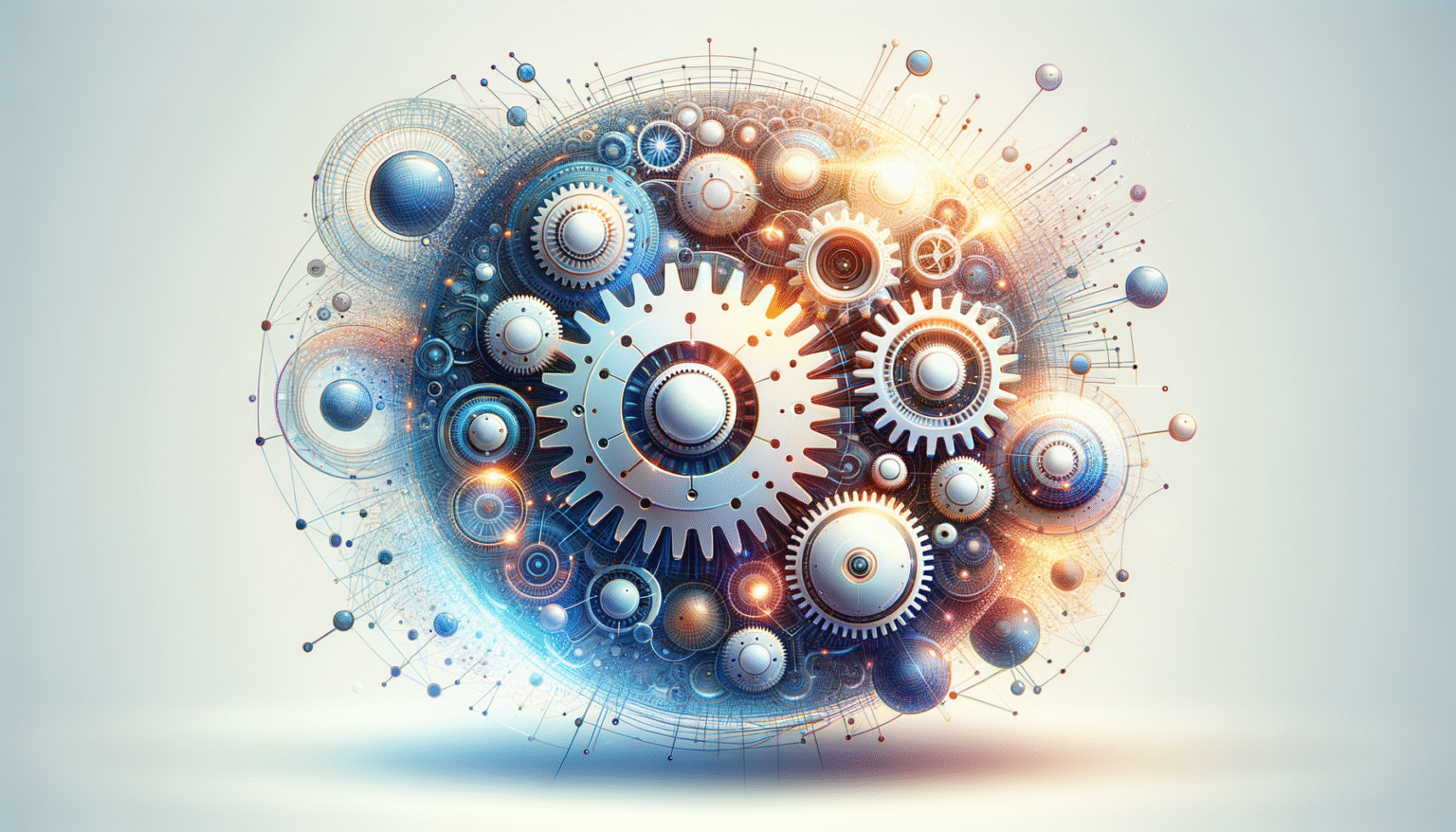 Composición abstracta de engranajes mecánicos interconectados, líneas de red y esferas luminosas en tonos azules, blancos y naranjas, que irradian energía sobre un fondo claro.