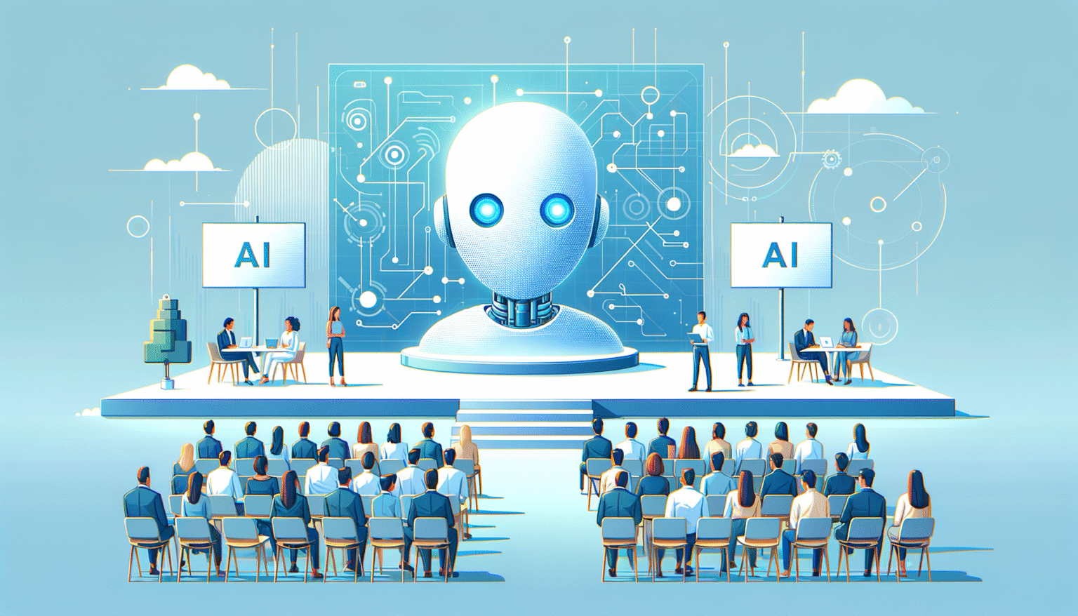 Una ilustración de una conferencia o evento sobre inteligencia artificial, con un gran robot blanco de cabeza iluminada en el centro del escenario. A los lados del robot hay pantallas con el texto 'AI'. En el escenario, varios presentadores interactúan y conversan en pequeños grupos. Delante del escenario, una audiencia numerosa está sentada en sillas, mirando hacia el frente.