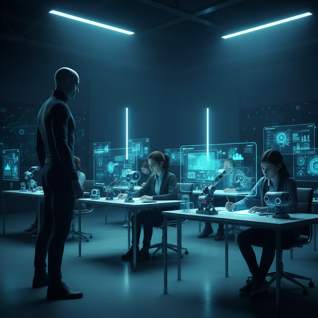 Una mujer joven sonríe mientras trabaja concentrada en un portátil y toma una bebida caliente. Lleva auriculares y está sentada en una mesa de madera clara con un cuaderno y un bolígrafo.