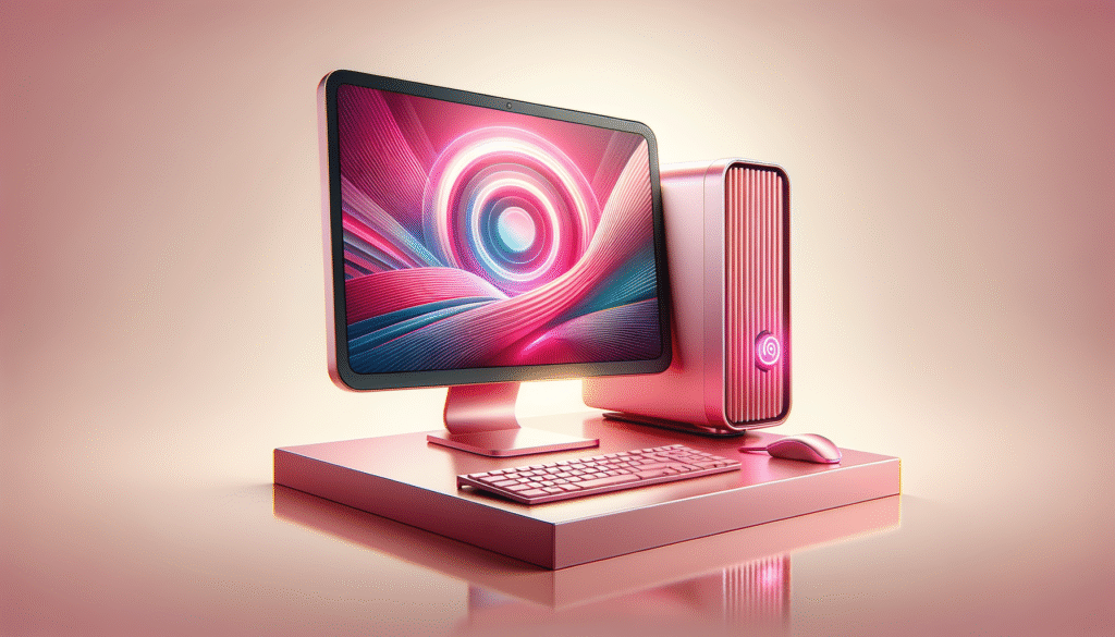 Ordenador de sobremesa completo en color rosa dorado, con monitor, torre, teclado y ratón, sobre una superficie reflectante. El monitor muestra un fondo de pantalla abstracto con espirales y líneas luminosas en rosa y azul.