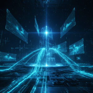 Una mujer vistiendo un traje gris de negocios, blusa blanca y cabello rubio, sonríe y señala hacia el lateral izquierdo con su mano derecha abierta.