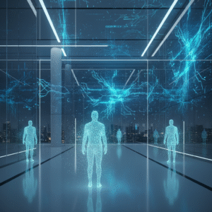 Hombre sentado en posición de loto con los ojos cerrados y manos sobre las rodillas, meditando en una esterilla de yoga en una habitación luminosa con plantas.