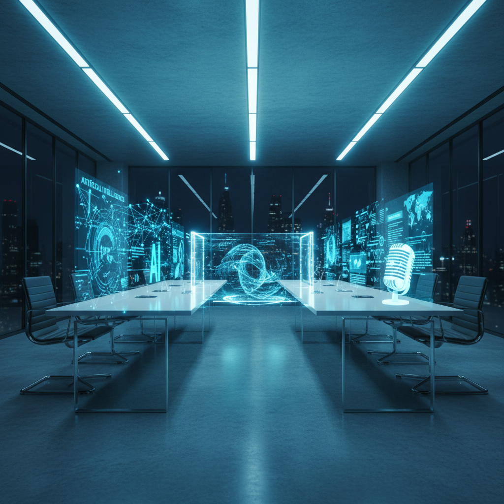 Mujer sonriendo y señalando una tableta digital, con un hombre barbudo mirando la pantalla a su lado. El fondo es un interior moderno con iluminación suave y plantas.} {