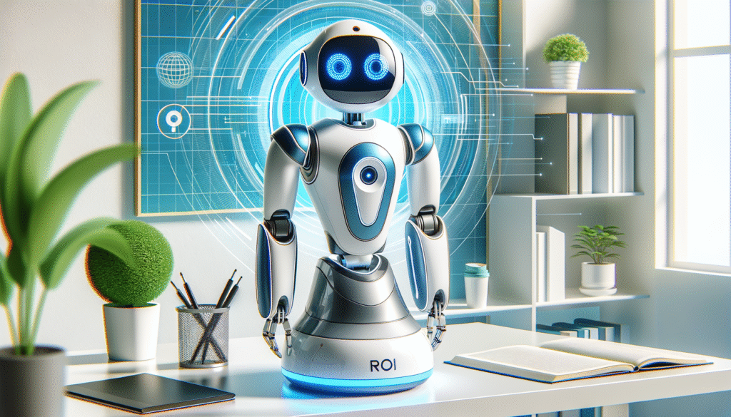 Robot humanoide blanco y azul con ojos luminosos de pie sobre un escritorio de oficina moderno. Detrás, una pantalla digital con interfaz tecnológica. En el escritorio hay plantas, un tablet, un portalápices y un libro abierto. A la derecha, una estantería con más plantas y libros.