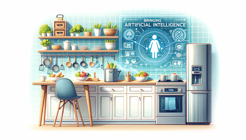Cocina moderna y luminosa con estantes de madera, plantas, utensilios colgantes, una encimera con alimentos frescos y una silla. En la pared de azulejos, una interfaz digital azul muestra 'BRINGING ARTIFICIAL INTELLIGENCE' y una figura humana central rodeada de iconos tecnológicos, junto a una estufa y un refrigerador de acero inoxidable.