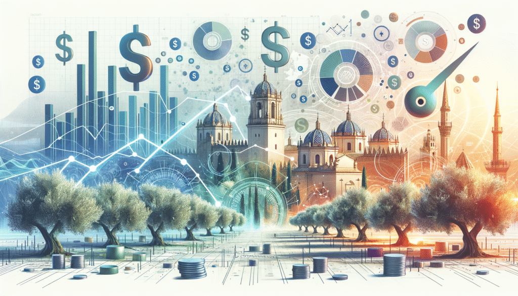 Visualización de datos financieros con gráficos de barras, líneas y símbolos de dólar superpuestos sobre un paisaje urbano de edificios históricos con cúpulas y minaretes, rodeado de olivos y monedas apiladas. La escena transiciona de tonos azules a naranjas.