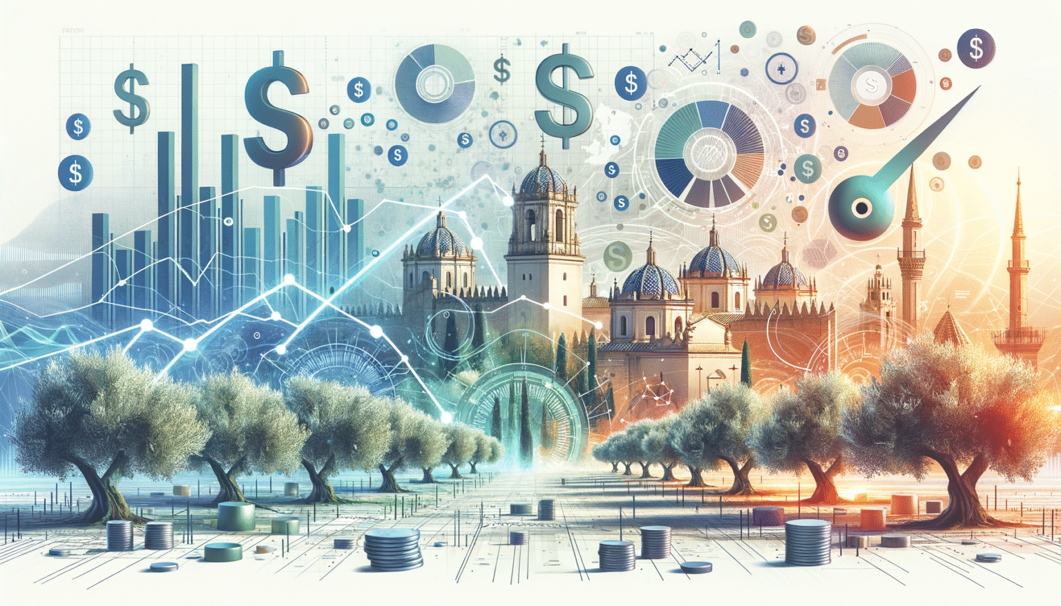 Visualización de datos financieros con gráficos de barras, líneas y símbolos de dólar superpuestos sobre un paisaje urbano de edificios históricos con cúpulas y minaretes, rodeado de olivos y monedas apiladas. La escena transiciona de tonos azules a naranjas.
