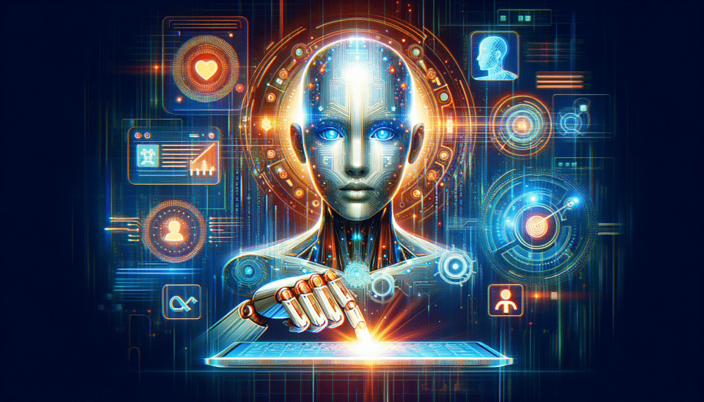 Un robot humanoide de inteligencia artificial con ojos azules brillantes y circuitos luminosos en el rostro y cuerpo. Su mano robótica toca una tableta generando un destello, mientras está rodeado de interfaces holográficas, gráficos de datos, iconos de usuario y una red de conexiones digitales.
