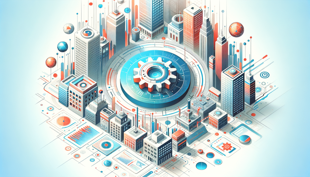 Ilustración isométrica de una ciudad inteligente con rascacielos, edificios modernos y un gran engranaje central. El diseño integra elementos de tecnología, gráficos de datos, líneas de conexión y esferas, simbolizando la conectividad y la innovación urbana.