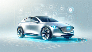 Coche conceptual Mazda plateado en un entorno digital holográfico con efectos de luz azul.