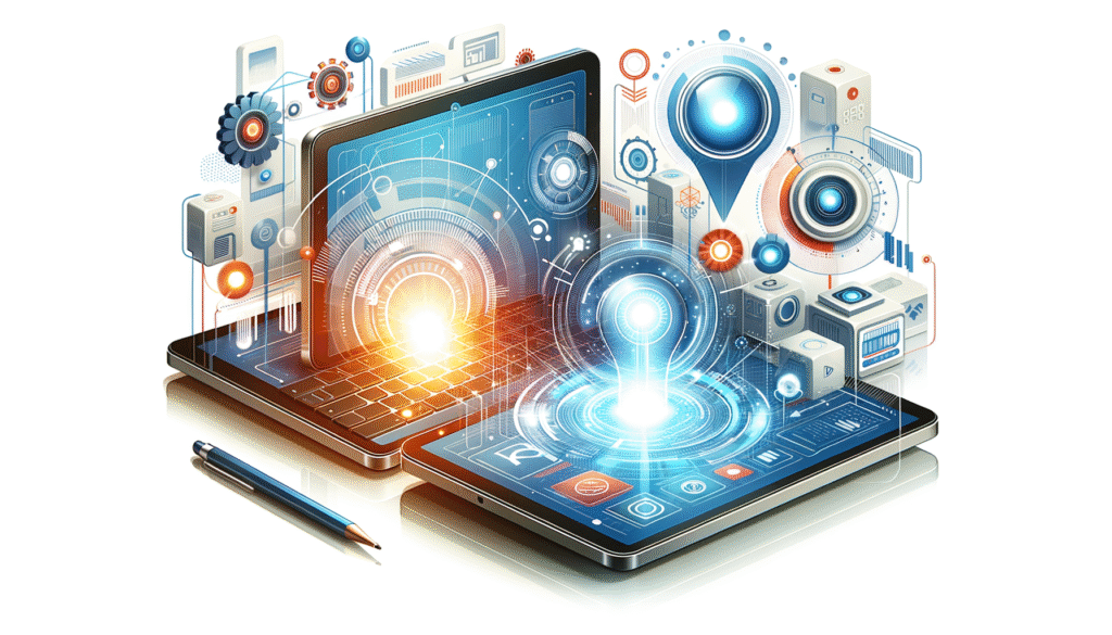 Un laptop y una tablet con pantallas brillantes que muestran interfaces tecnológicas complejas, rodeados de elementos abstractos como engranajes, cuadros de datos y líneas de conexión. Un bolígrafo azul se apoya en el reflejo de los dispositivos sobre un fondo blanco.