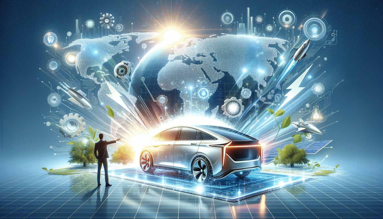 Un hombre en traje señalando un coche eléctrico plateado y brillante sobre una plataforma digital, con un mapa mundial de puntos luminosos y una red de circuitos, cohetes, engranajes, paneles solares y árboles en el fondo azul. La escena representa innovación, energía y tecnología global.