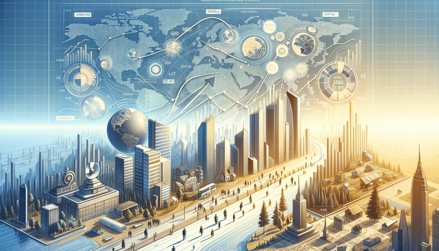 Vista aérea de una ciudad moderna con rascacielos, calles y personas, superpuesta con una interfaz digital que muestra un mapa mundial, gráficos de datos, estadísticas y elementos tecnológicos. La iluminación transita de tonos fríos a cálidos.