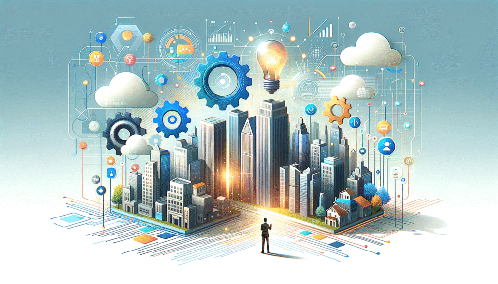 Vista isométrica de una ciudad con rascacielos y zonas residenciales, interconectada por una red de iconos tecnológicos flotantes como engranajes, nubes de computación, gráficos de datos y una bombilla. Un hombre de negocios de pie observa la ciudad, simbolizando innovación y digitalización urbana.