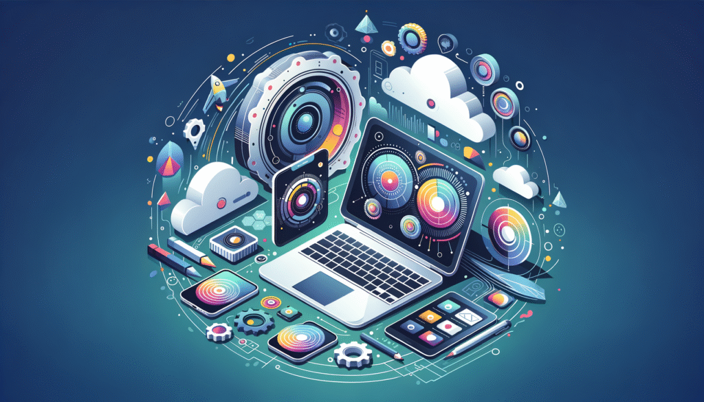 Ilustración isométrica de un ecosistema digital y creativo con un portátil, un smartphone, tabletas, iconos de nube, engranajes, un cohete y herramientas de diseño, todo interconectado con líneas y puntos sobre un fondo degradado azul y verde.