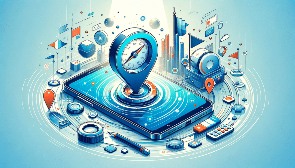 Ilustración isométrica de un smartphone con un puntero de ubicación y brújula en la pantalla, rodeado de iconos tecnológicos como banderas, gráficos de datos, nubes y pines de mapa, representando navegación, servicios digitales y análisis.