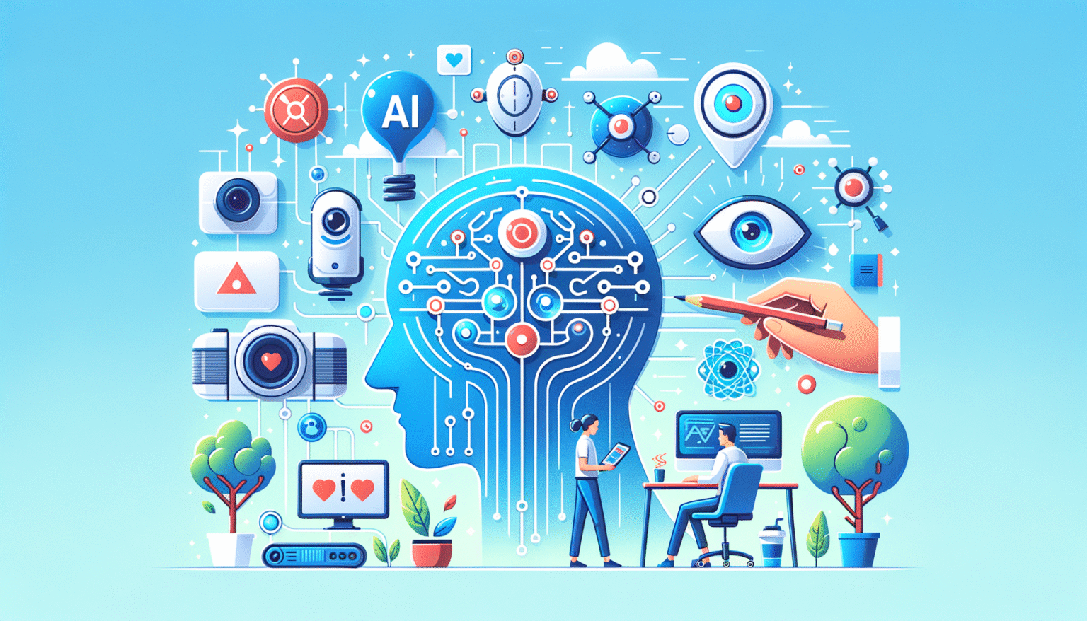 Ilustración vibrante de una cabeza humana estilizada con circuitos interconectados, representando la inteligencia artificial. A su alrededor flotan iconos tecnológicos como cámaras de seguridad, una bombilla con "AI", un ojo, un lápiz en una mano y dispositivos de red. Abajo, dos personas trabajan con ordenadores en un escritorio, con plantas en macetas, todo sobre un fondo azul claro.} {