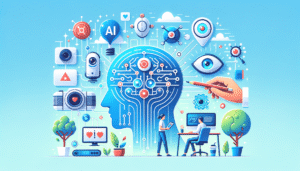 Ilustración vibrante de una cabeza humana estilizada con circuitos interconectados, representando la inteligencia artificial. A su alrededor flotan iconos tecnológicos como cámaras de seguridad, una bombilla con "AI", un ojo, un lápiz en una mano y dispositivos de red. Abajo, dos personas trabajan con ordenadores en un escritorio, con plantas en macetas, todo sobre un fondo azul claro.} {