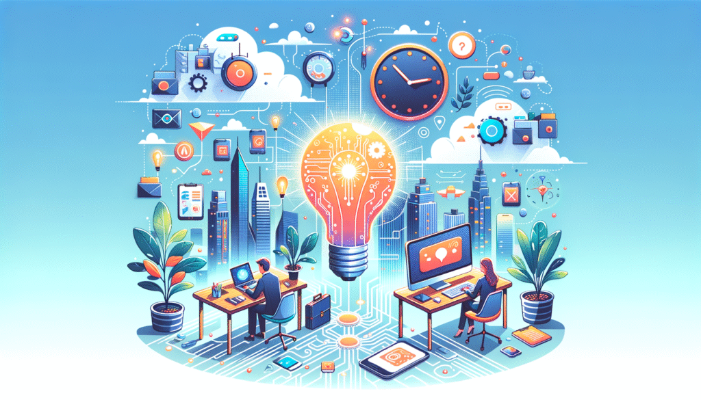 Ilustración de un ecosistema tecnológico y empresarial. Dos personas trabajan en escritorios con ordenadores portátiles y monitores, conectadas por circuitos a una gran bombilla brillante con patrones de placa base. Alrededor hay rascacielos de una ciudad moderna y en la parte superior flotan iconos de servicios en la nube como correos, carpetas, engranajes, relojes y signos de interrogación.