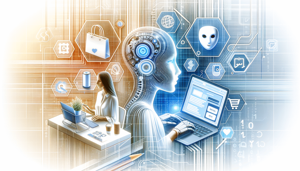 Representación de la interacción entre humanos y la inteligencia artificial en un entorno digital. Una mujer trabaja en su portátil con iconos de e-commerce a la izquierda, mientras que una figura de IA con circuitos internos teclea en otro portátil, rodeada de símbolos de redes y servicios a la derecha, todo sobre un fondo tecnológico.