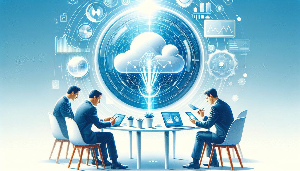 Tres hombres de negocios en trajes sentados alrededor de una mesa blanca usando laptops y tablets, con un gran icono de nube brillante central que representa computación en la nube, rodeado de gráficos de datos y tecnología sobre un fondo azul degradado.