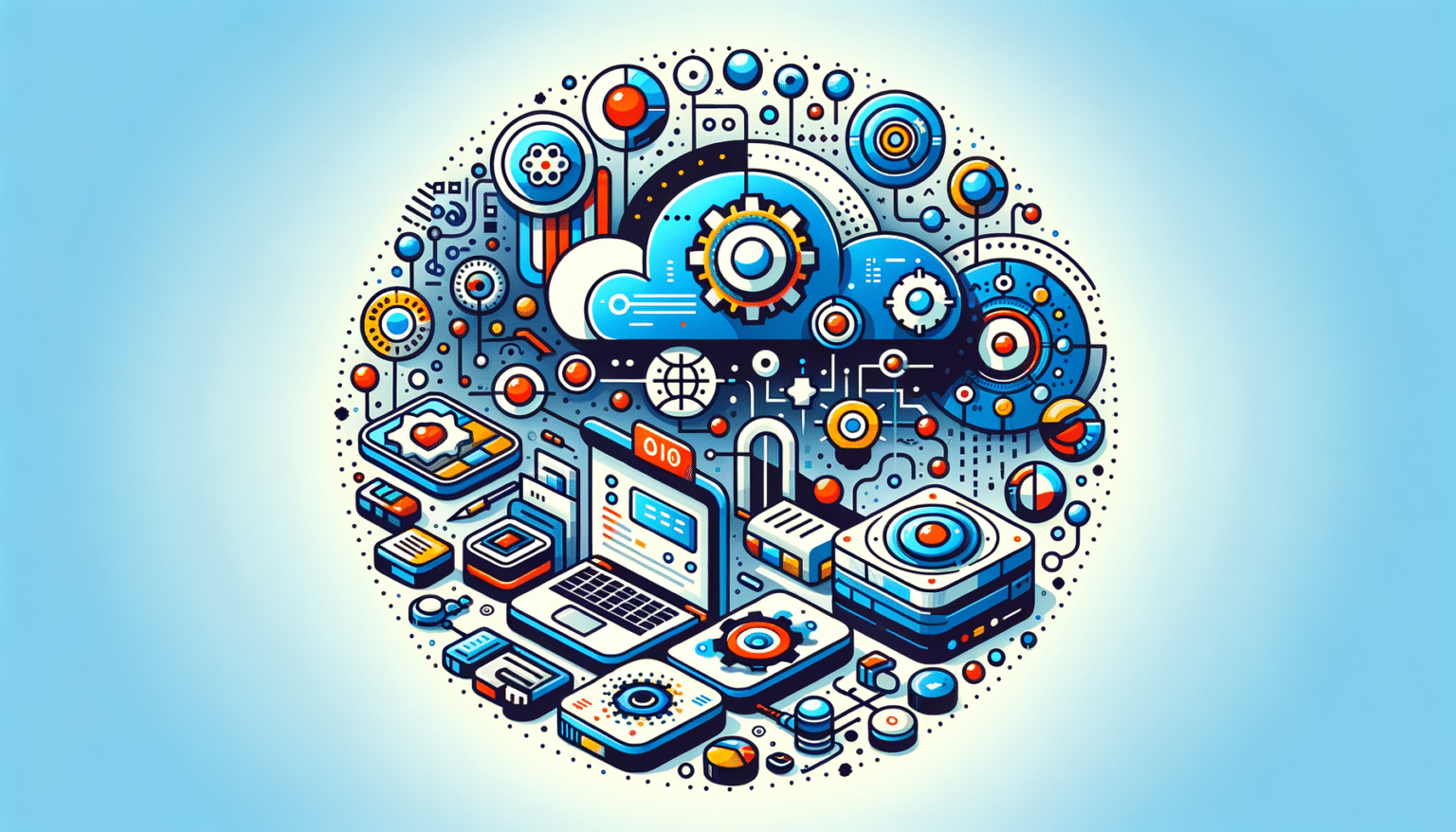 Ilustración vectorial circular con iconos de tecnología y datos: computación en la nube, un portátil, servidores y conexiones de red en tonos azules y naranjas sobre fondo degradado azul claro.