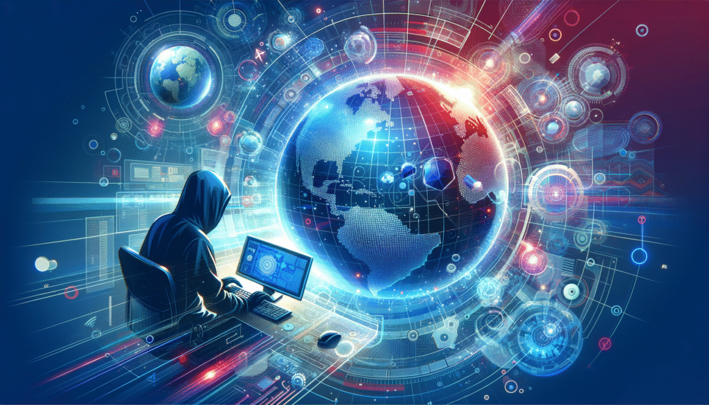 Persona con capucha trabajando en un ordenador, con un globo terráqueo digital rodeado de elementos de red, datos y ciberseguridad en el fondo.