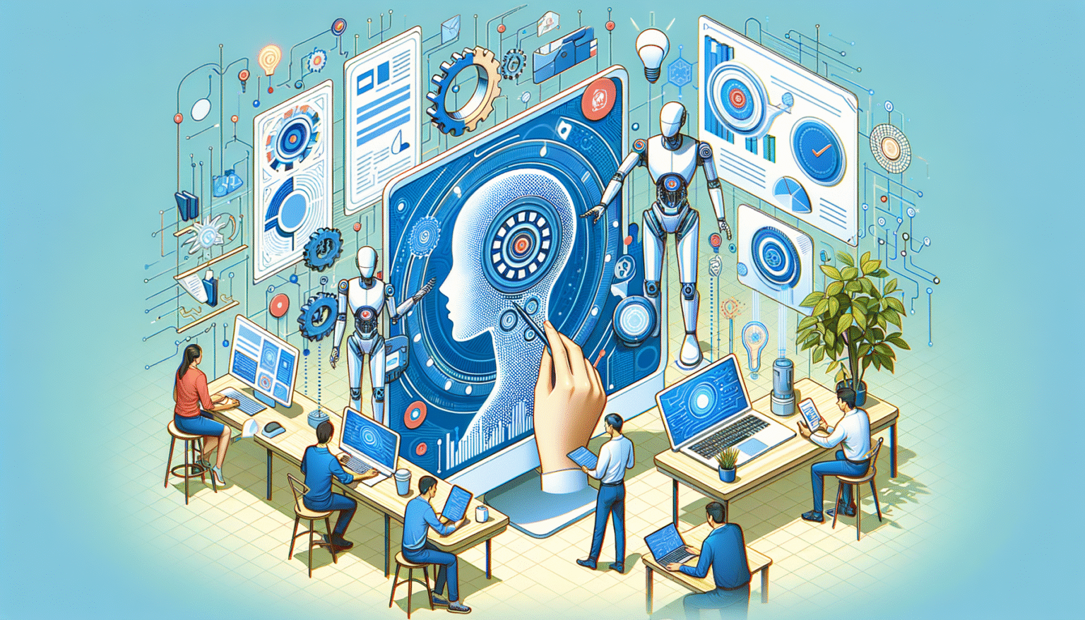 Ilustración isométrica de un equipo de desarrollo de inteligencia artificial en un entorno de alta tecnología. Varias personas trabajan en ordenadores, acompañadas de robots. Una pantalla central grande muestra un perfil de cabeza humana con redes neuronales siendo manipulado por una mano, rodeada de gráficos, circuitos y símbolos tecnológicos.