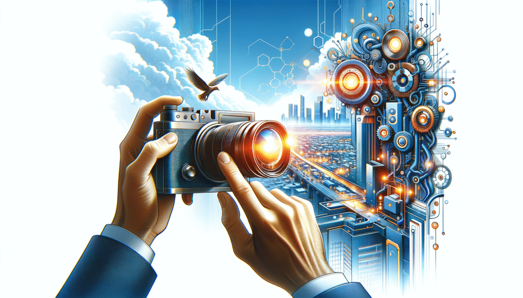 Manos sujetando una cámara fotográfica apuntando a una ciudad futurista con rascacielos y autopistas bajo un cielo azul con nubes y patrones tecnológicos. Un pájaro vuela y a la derecha una estructura mecánica digital se fusiona con el paisaje urbano.
