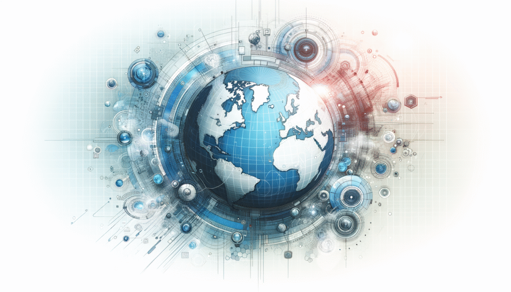 Globo terráqueo azul y blanco rodeado de una intrincada red de elementos tecnológicos abstractos, círculos, líneas y orbes brillantes, con un fondo blanco y un toque de luz rojiza en la derecha.