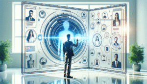 Un hombre de negocios de espaldas interactúa con una gran pantalla digital transparente que muestra perfiles de personas, una red de contactos y una silueta humana brillante en el centro, en un entorno de oficina moderno.