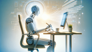 Un robot humanoide blanco está sentado en un escritorio de oficina, sosteniendo un bolígrafo sobre un teclado mientras mira un monitor de ordenador que muestra datos. El fondo es una interfaz digital luminosa con códigos binarios, iconos de correo electrónico y documentos.