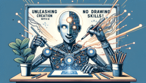 Un robot humanoide con rostro mitad humano, mitad circuitos, está sentado en un escritorio trabajando con una tableta digital. Sus manos robóticas sostienen un lápiz digital y un pincel, de los cuales emanan líneas luminosas hacia las frases 'UNLEASHING CREATION WITH AI' y 'NO DRAWING SKILLS!' mostradas en una pantalla detrás. Sobre la mesa hay una planta en maceta y un recipiente con lápices de colores.