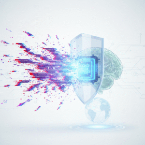Un escudo digital transparente protege un microchip azul brillante, detrás del cual se ve un cerebro humano poligonal. Desde la izquierda, un flujo de datos y código de colores con efecto glitch se dirige hacia el escudo, siendo bloqueado o procesado. Debajo del escudo hay un globo terráqueo de polígonos y en el fondo se aprecian líneas de circuitos.